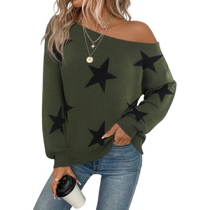 ZAFUL Off The Shoulder Sweater Women Casual Star Knit Pullover Loose Tops(Army Green)