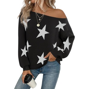 ZAFUL Off The Shoulder Sweater Women Casual Star Knit Pullover Loose Tops(Black)