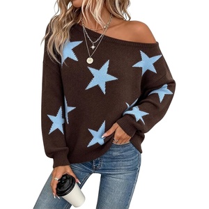 ZAFUL Off The Shoulder Sweater Women Casual Star Knit Pullover Loose Tops(Coffee Blue)