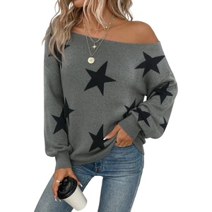 ZAFUL Off The Shoulder Sweater Women Casual Star Knit Pullover Loose Tops(Grey)