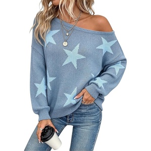 ZAFUL Off The Shoulder Sweater Women Casual Star Knit Pullover Loose Tops(Light Blue)