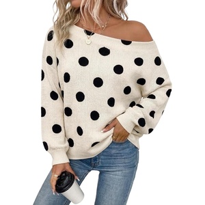 ZAFUL Off The Shoulder Sweater Women Casual Star Knit Pullover Loose Tops(Polka Dot)