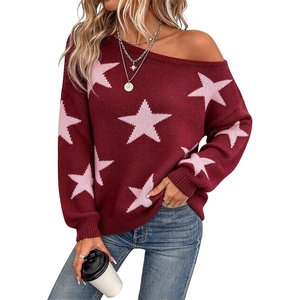 ZAFUL Off The Shoulder Sweater Women Casual Star Knit Pullover Loose Tops(Red Pink)