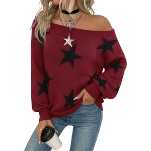 ZAFUL Off The Shoulder Sweater Women Casual Star Knit Pullover Loose Tops(Wine Red)