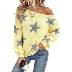 ZAFUL Off The Shoulder Sweater Women Casual Star Knit Pullover Loose Tops(Yellow Grey)