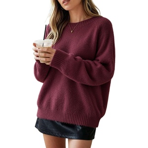 ZAFUL Women Fuzzy Sweater Knit Crewneck Long Sleeve Casual Slouchy Pullover(Burgundy)