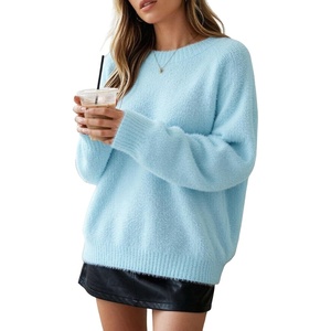 ZAFUL Women Fuzzy Sweater Knit Crewneck Long Sleeve Casual Slouchy Pullover(Dream Blue)
