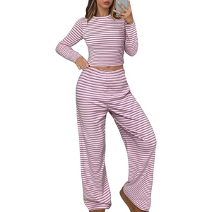 ZAFUL Women’s 2 Piece Striped Lounge Sets Casual Pajamas Wide Leg Pants(Pink)