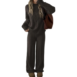 ZAFUL Women’s Cable Knit Sweater Set Pullover Knit Sweater Wide Leg Pants(1-coffee Brown)