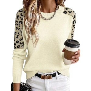 ZAFUL Womens Crew Neck Sweater Leopard Patchwork Long Sleeve Knit Pullover(1-beige)