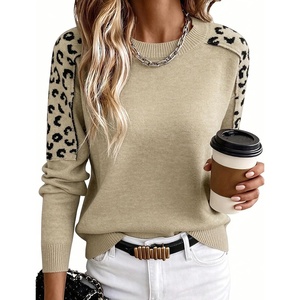 ZAFUL Womens Crew Neck Sweater Leopard Patchwork Long Sleeve Knit Pullover(3-khaki)