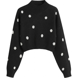 ZAFUL Women’s Cropped Turtleneck Sweater Lantern Sleeve Ribbed Knit Pullover Sweater Jumper(1-black Polka Dot)