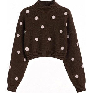 ZAFUL Women’s Cropped Turtleneck Sweater Lantern Sleeve Ribbed Knit Pullover Sweater Jumper(1-brown Pink Dot)