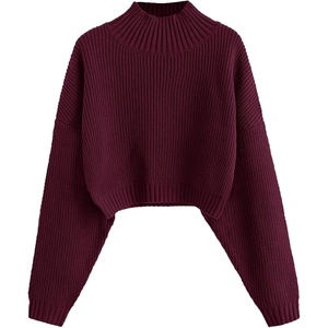 ZAFUL Women’s Cropped Turtleneck Sweater Lantern Sleeve Ribbed Knit Pullover Sweater Jumper(1-burgundy)