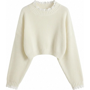 ZAFUL Women’s Cropped Turtleneck Sweater Lantern Sleeve Ribbed Knit Pullover Sweater Jumper(1-cream White Lace)