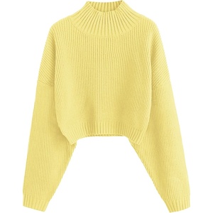 ZAFUL Women’s Cropped Turtleneck Sweater Lantern Sleeve Ribbed Knit Pullover Sweater Jumper(1-cream Yellow)