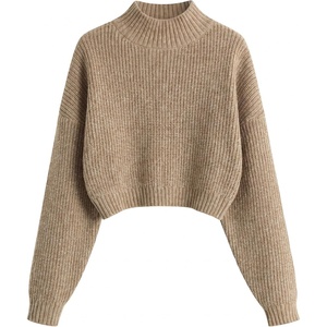 ZAFUL Women’s Cropped Turtleneck Sweater Lantern Sleeve Ribbed Knit Pullover Sweater Jumper(1-heather Camel)