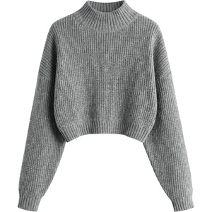ZAFUL Women’s Cropped Turtleneck Sweater Lantern Sleeve Ribbed Knit Pullover Sweater Jumper(1-heather Grey)