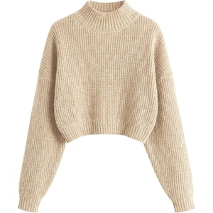 ZAFUL Women’s Cropped Turtleneck Sweater Lantern Sleeve Ribbed Knit Pullover Sweater Jumper(1-heather Oatmeal)