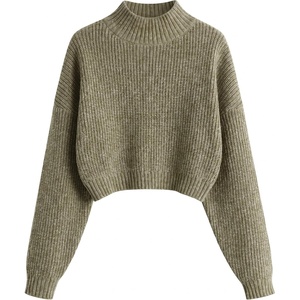 ZAFUL Women’s Cropped Turtleneck Sweater Lantern Sleeve Ribbed Knit Pullover Sweater Jumper(1-heather Olive)