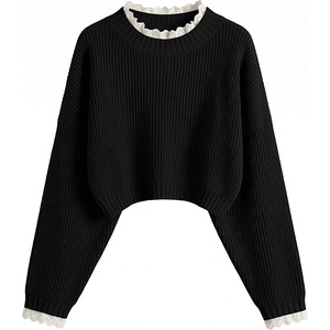 ZAFUL Women’s Cropped Turtleneck Sweater Lantern Sleeve Ribbed Knit Pullover Sweater Jumper(1-lace Black)