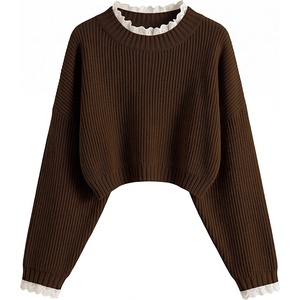ZAFUL Women’s Cropped Turtleneck Sweater Lantern Sleeve Ribbed Knit Pullover Sweater Jumper(1-lace Deep Brown)