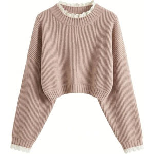 ZAFUL Women’s Cropped Turtleneck Sweater Lantern Sleeve Ribbed Knit Pullover Sweater Jumper(1-lace Dusty Pink)