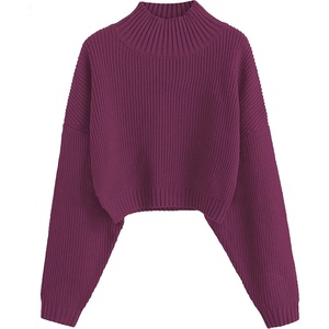 ZAFUL Women’s Cropped Turtleneck Sweater Lantern Sleeve Ribbed Knit Pullover Sweater Jumper(1-plum)