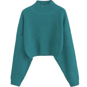 ZAFUL Women’s Cropped Turtleneck Sweater Lantern Sleeve Ribbed Knit Pullover Sweater Jumper(1-turquoise)