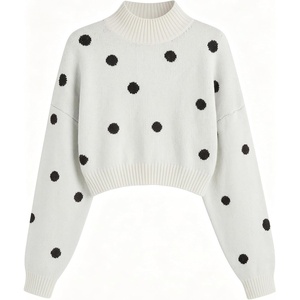 ZAFUL Women’s Cropped Turtleneck Sweater Lantern Sleeve Ribbed Knit Pullover Sweater Jumper(1-white Polka Dot)