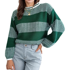 ZAFUL Women’s Mock Neck Sweater Long Sleeve Ribbed Knit Cropped Sweater(Striped-green)