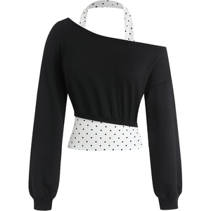 ZAFUL Womens Off The Shoulder Sweatshirt Long Sleeve Crop Top Pullover(Black Polka Dot)