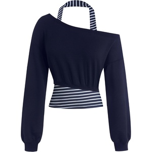 ZAFUL Womens Off The Shoulder Sweatshirt Long Sleeve Crop Top Pullover(Blue Striped)