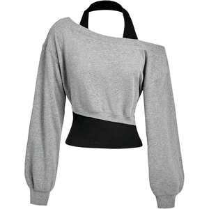 ZAFUL Womens Off The Shoulder Sweatshirt Long Sleeve Crop Top Pullover(Grey)