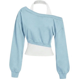 ZAFUL Womens Off The Shoulder Sweatshirt Long Sleeve Crop Top Pullover(Sky Blue)