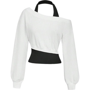 ZAFUL Womens Off The Shoulder Sweatshirt Long Sleeve Crop Top Pullover(White)