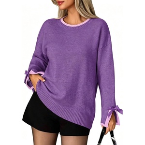 ZAFUL Women’s Oversized Knit Sweater Contrast Trim Bow Slit Cuff Pullover(10-purple)