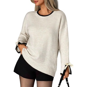 ZAFUL Women’s Oversized Knit Sweater Contrast Trim Bow Slit Cuff Pullover(1-white)