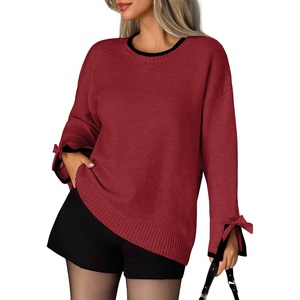 ZAFUL Women’s Oversized Knit Sweater Contrast Trim Bow Slit Cuff Pullover(3-wine Red)