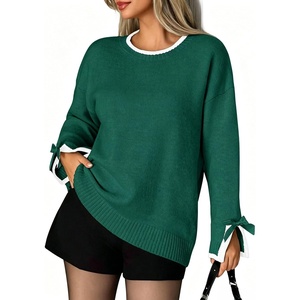ZAFUL Women’s Oversized Knit Sweater Contrast Trim Bow Slit Cuff Pullover(4-green)