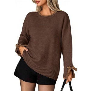 ZAFUL Women’s Oversized Knit Sweater Contrast Trim Bow Slit Cuff Pullover(8-brown)