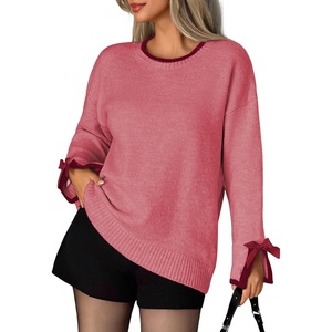 ZAFUL Women’s Oversized Knit Sweater Contrast Trim Bow Slit Cuff Pullover(9-pink)