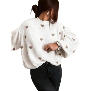 ZAFUL Womens Oversized Sweaters Cute Heart Print Lantern Sleeve Sweater(3-white)