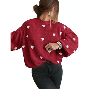 ZAFUL Womens Oversized Sweaters Cute Heart Print Lantern Sleeve Sweater(4-red)