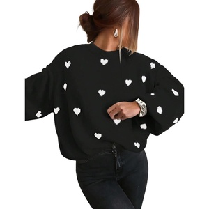 ZAFUL Womens Oversized Sweaters Cute Heart Print Lantern Sleeve Sweater(5-black)