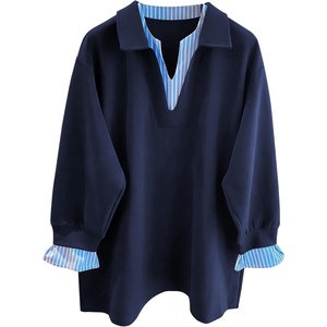 ZAFUL Womens Oversized Sweatshirt V Neck Striped Patchwork Casual Pullover(1-navy Blue)