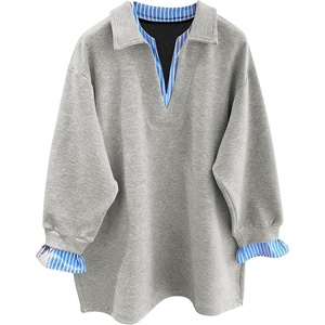 ZAFUL Womens Oversized Sweatshirt V Neck Striped Patchwork Casual Pullover(2-grey)