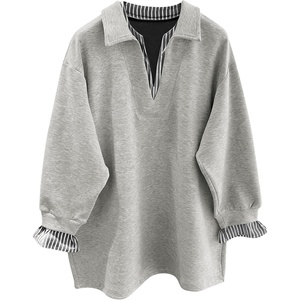 ZAFUL Womens Oversized Sweatshirt V Neck Striped Patchwork Casual Pullover(3-grey)