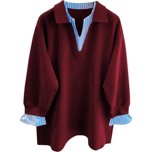 ZAFUL Womens Oversized Sweatshirt V Neck Striped Patchwork Casual Pullover(4-burgundy)