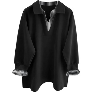 ZAFUL Womens Oversized Sweatshirt V Neck Striped Patchwork Casual Pullover(5-black)